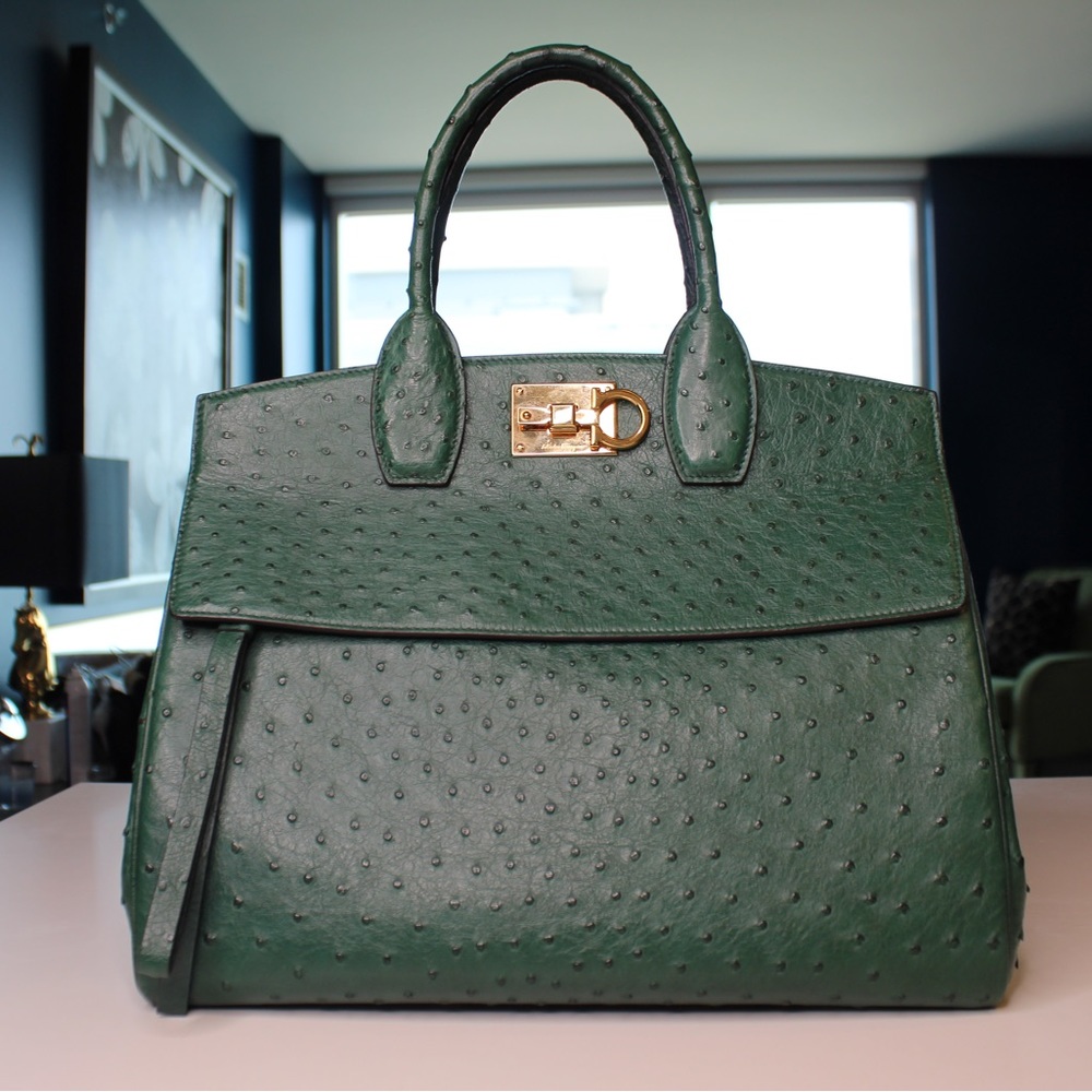Salvatore Ferragamo Green Ostrich Leather Tote with Gold Hardware